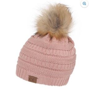 C.C Blush Knit Beanie with Faux Fur Pom Indie pink hat light pink chunky